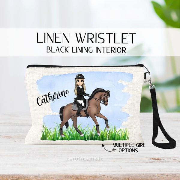 This linen zipper pouch features a nature scenery with grass and blue sky with a custom girl horse rider with your choice of skin tone and hair.The bag is personalized with your horse riders name.