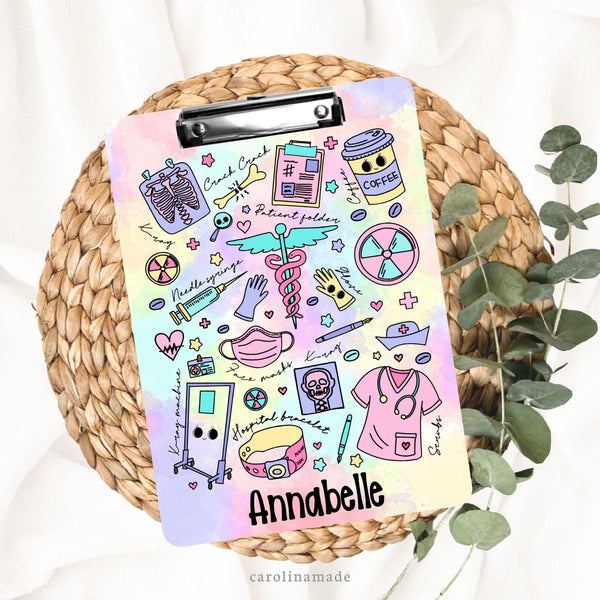 This colorful double sided clipboard features a multicolor background with xray tech clip art allover it such as xray, broken bones, mask, scrubs and more. It is personalized at the bottom with a name.