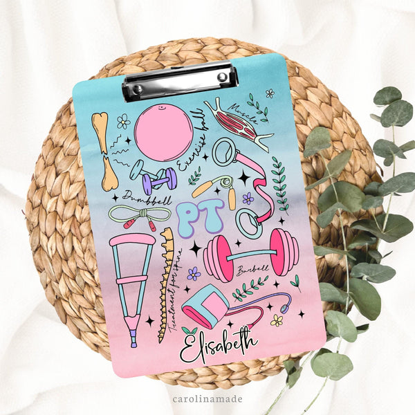 This colorful double sided clipboard features a pink and blue watercolor background with physical therapy clip art all over such as broken bone, weights, exercise ball, crutches and more. It is personalized at the bottom with a name.