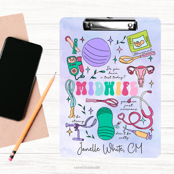 This double sided clipboard features a purple pastel watercolor background with midwife in the center and different midwife clip art surrounding it. Exercise ball, clamps, uterus, stethoscope etc. It is personalized at the bottom with a name.
