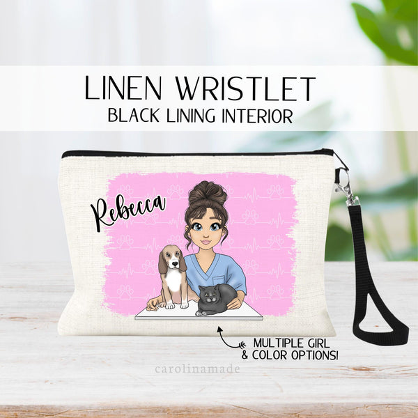 This linen zipper pouch is perfect for veterinary workers! The design shows a custom girl wearing scrub top with a dog and cat in front of her. It is personalized on the side with a name. Your choice of background color.