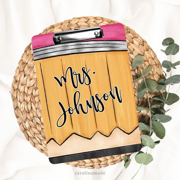 This fun clipboard design features a hand drawn pencil and is personalized in the center with the teachers name. The perfect personalized teacher appreciation gift!