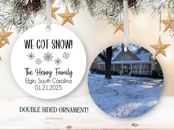 The Snow Day custom photo ornament is the perfect keepsake to remember the day you saw the snow! This double sided ornament is Personalized with your location, family name and date.