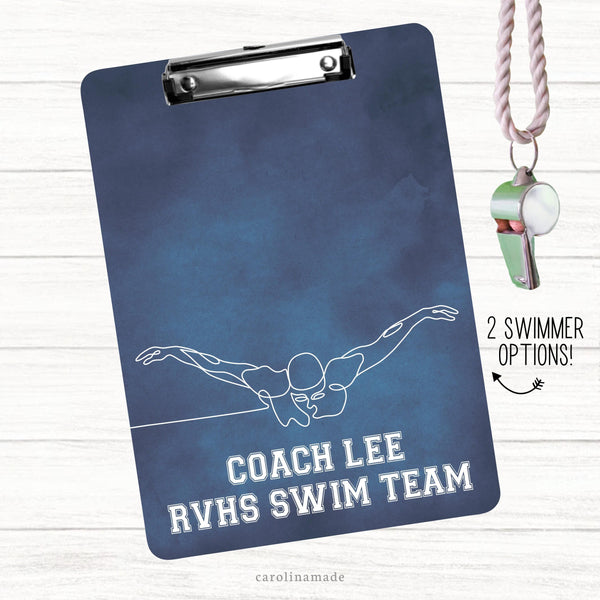 This custom double sided clipboard features a blue watercolor background with two design options for a line art swimmer. It is personalized with Coachs name and swim team at the bottom.