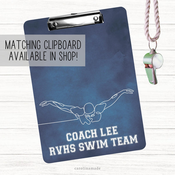 Matching Double Sided Clipboard available in our shop also with blue background and swimmer line art. Personalized with coach or swimmers name and school or team at the bottom.