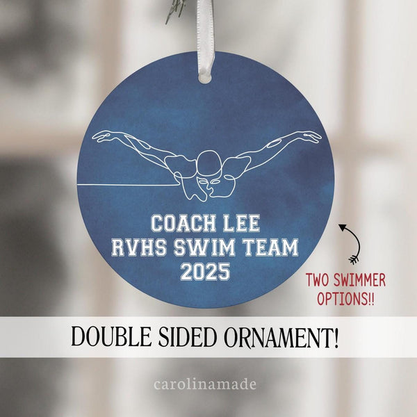 This double sided Christmas ornament features a blue watercolor printed background with swimmer in a minimalist line art design. The bottom is personalized with swimmer or coachs name, team or school and the year.