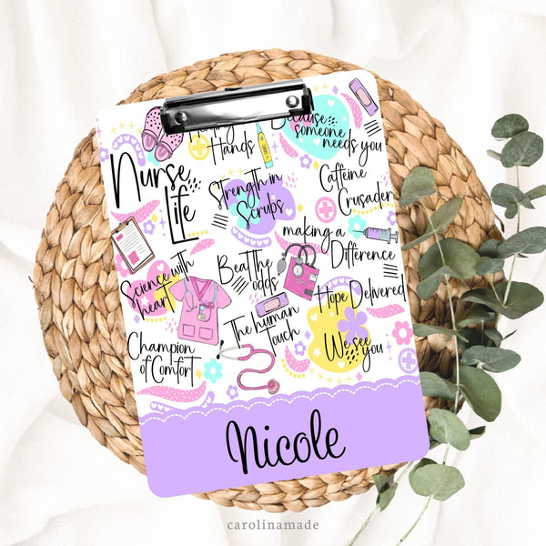 This doubles sided Nurse Life clipboard features nurse elements like scrubs, stethoscope and text like Helping Hands, making a difference etc. It is personalized at the bottom with your name.