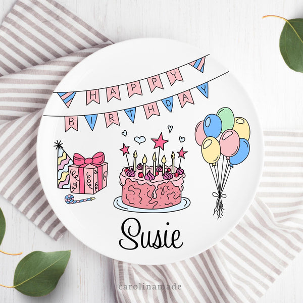 This custom personalized plate is for a special birthday celebration! It says Happy Birthday at the top and has birthday doodle clipart on it like balloons, cake, present, party hat, etc. It is personalized at the bottom with childs name.