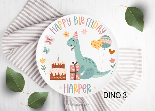 Dinosaur Happy Birthday Name Plate, Personalized Dino Birthday Cake Plate, Girls First Birthday Keepsake Plate, Celebration Plate, Dino Gift