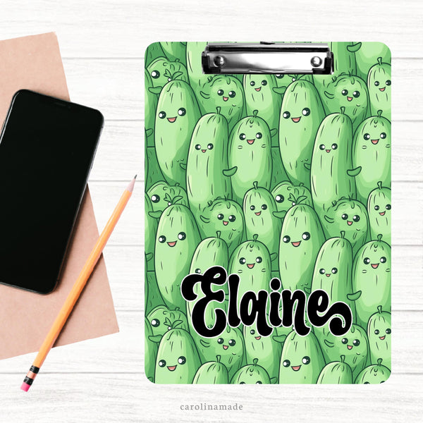 This double sided clipboard is covered in smiling pickles! It is personalized at the bottom with a name. And is the perfect gift for any pickle lover!