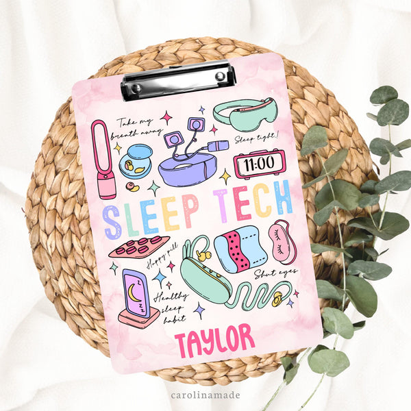 This double sided sleep tech clipboard is fun, colorful and practical! It features a pink watercolor background and sleep tech clipart such as sleep mask, alarm, pills, wires and more.It is personalized at the bottom with a name.