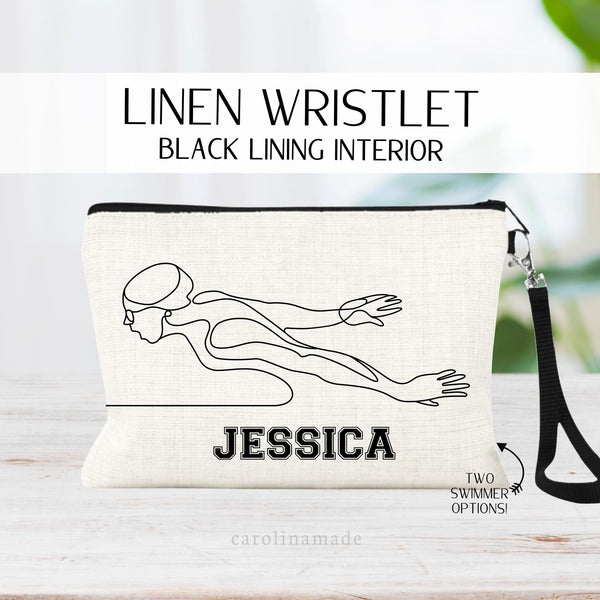 This linen zipper pouch features a minimalist line art design with two swimmer options. It is personalized at the bottom with swimmer or coachs name.