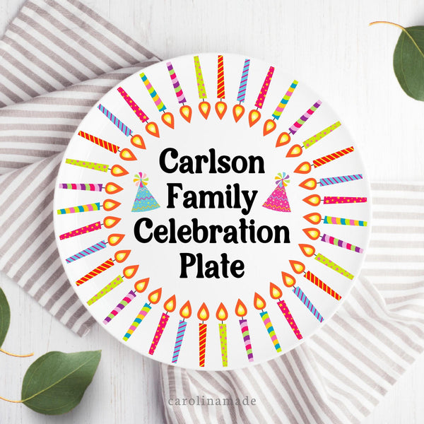 This fun whimsical design features colorful candles circling all around the plate. And the center is personalized with your family name.