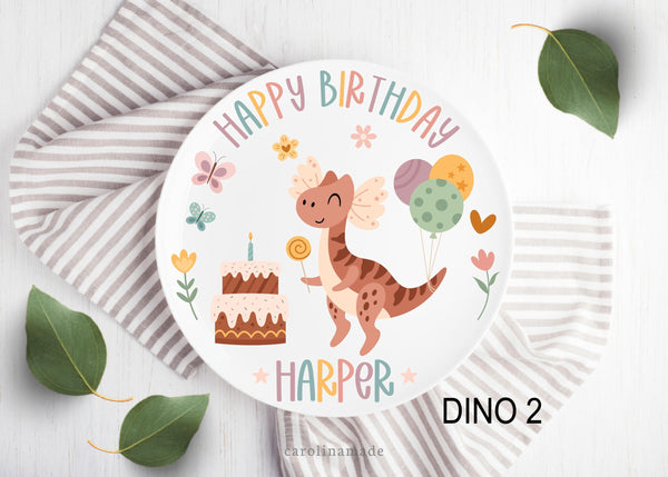 Dinosaur Happy Birthday Name Plate, Personalized Dino Birthday Cake Plate, Girls First Birthday Keepsake Plate, Celebration Plate, Dino Gift