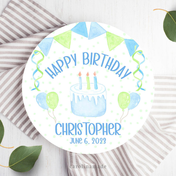This ten inch plate features a light green poka dot background with a banner and streamer around the plate. It is says happy birthday and is personalized with your childs name and date of birth.