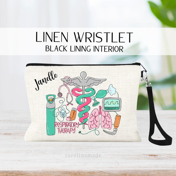 This linen zipper pouch features a fun girly pink and teal design with respiratory therapy things. Medical cross, lungs, oxygen, inhaler, etc. It is personalized at the top with your name.