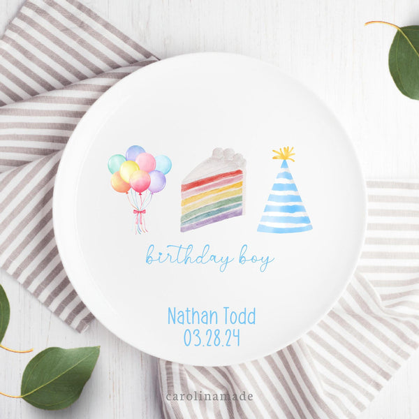 minimalist birthday boy custom ten inch plate personalized with name and date of birth.