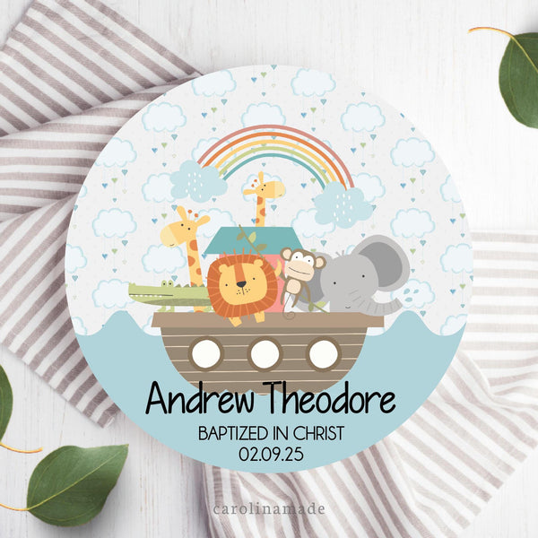 This ten inch plate features a Noahs ark boat with animals and water and clouds background. It is personalized at the bottom with your childs name and their baptism date.