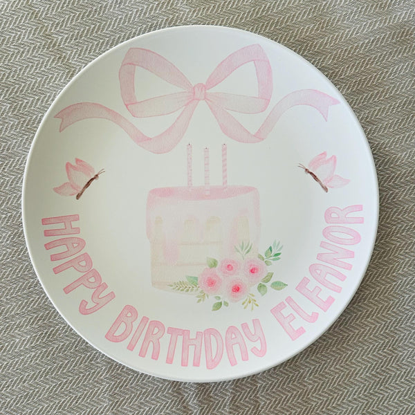 Pink Watercolor Cake Plate, Personalized Name Plate for Girls, Custom Birthday Cake Plate, Girls First Birthday Keepsake, Pink Bow Plate