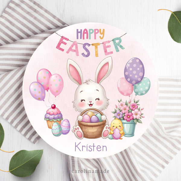 This 10 inch dinner plate feature a fun colorful pastel Easter Theme. The top says Happy Easter and the bottom is personalized with your childs name. There is various clipart, a bunny holding as basket of eggs, pink flowers, balloons, a chick and more colorful eggs.