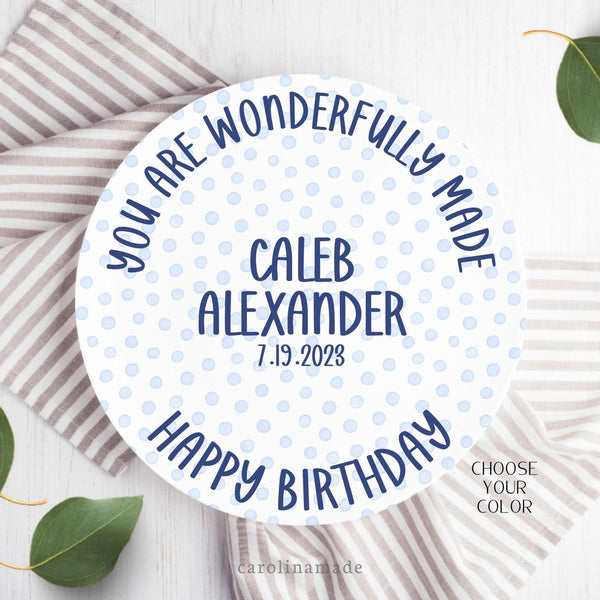 This 10 Inch Childs plate features a watercolor dots background. The top says You are wonderfully made and the bottom says Happy Birthday. The center is personalized with your childs first and middle name and their date of birth. Choose from 6 color options. Blue, Pink, Purple, Teal, Orange, Green.