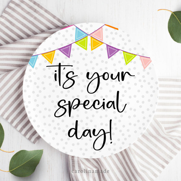 This fun 10 inch celebration plate features a poka dot background with banner in the center. Text says Its your day.