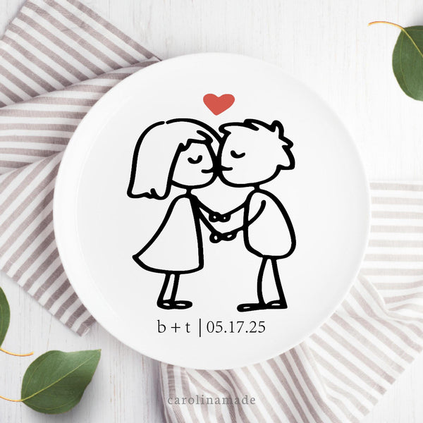 Personalized stick figure couple plate with initials and wedding date.