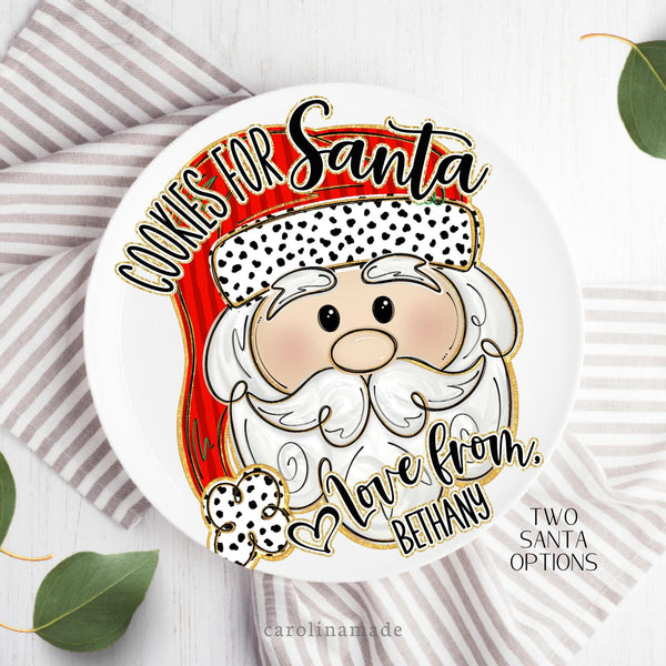 This 10 Inch Christmas Plate features a large Santa in the center. The text at the top says Cookies for Santa. The bottom has a heart and says Love from and your personalized name