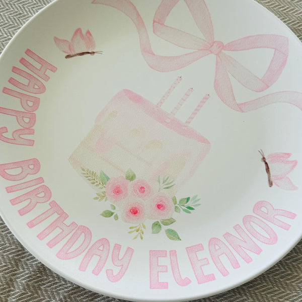 Pink Watercolor Cake Plate, Personalized Name Plate for Girls, Custom Birthday Cake Plate, Girls First Birthday Keepsake, Pink Bow Plate