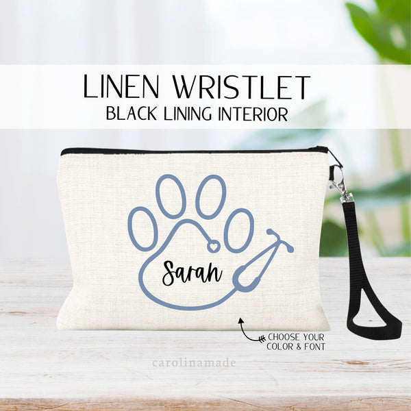 Veterinary Paw Bag, Personalized Vet Tech, Vet Assistant, Vet Receptionist, Makeup Bag Wristlet, Veterinary Accessory, Vet Appreciation Gift