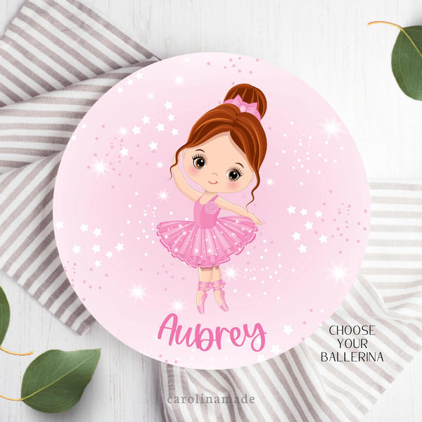 This 10 inch girls plate features a pink sparkle background with a ballerina in the center. Choose your hair color. And personalize the bottom with your dancers name.