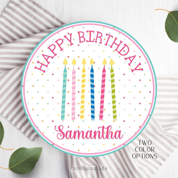This 10 inch plate features a poka dot background with six candles in the center. The top text says happy birthday and the bottom is personalized with your childs name. Customize the colors.
