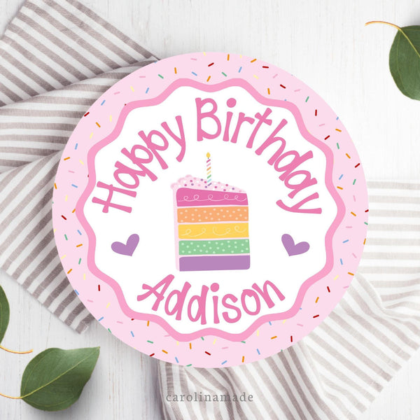 This Happy Birthday plate features a pink sprinkle background with a fun wavy circle in the center. With Happy Birthday and your childs personalized name. There is a colorful cake slice in the center as well.