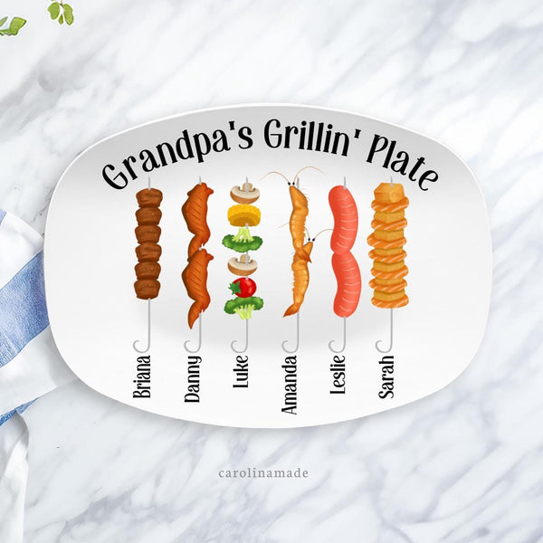 This 10 x 14 inch serving platter features a personalized name across the top with a row of kabobs in the center with each of your children or grandchildrens names under it. This can be personalized for anyone who loves to grill