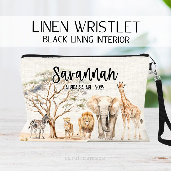 Safari Trip Makeup Bag, Personalized Safari Wild Life Zipper Pouch, Africa Trip, African Safari, Lion, Giraffe, Elephants & Zebra Gift Bag