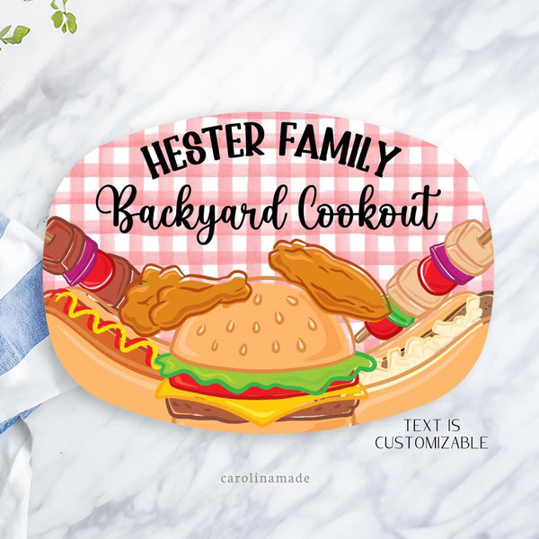 This fun colorful platter features a red gingham background with a bunch of food along the bottom border. Burger, Hot dogs, brauts, kabobs, wings.  The Text at the top is customizable. This platter says personalized family name and backyard cookout or cookout platter.