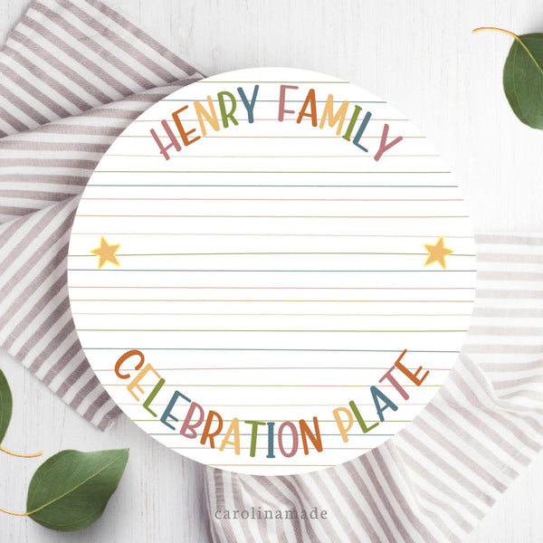 This 10 inch plate features a striped background with boho color text. The top is personalized with your family name and the bottom says celebration plate.