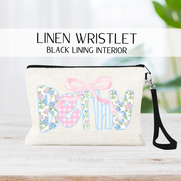 Personalized Girls Grandmillennial Name Bag, Preppy Floral Makeup Bag, Pink Coquette Bow Custom Name Gift Girls Birthday Gift, Pencil Bag