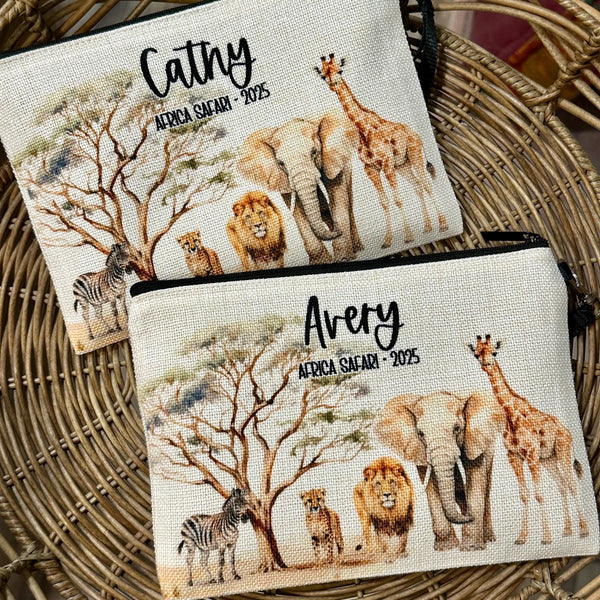 Safari Trip Makeup Bag, Personalized Safari Wild Life Zipper Pouch, Africa Trip, African Safari, Lion, Giraffe, Elephants & Zebra Gift Bag