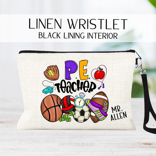 This linen zipper pouch features a PE Teacher Design with different gym equipment and sports balls. It is personalized in the corner with your physical education teachers name.