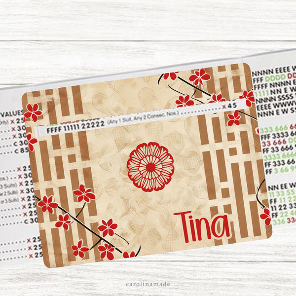 This acrylic mahjong line reader features a traditional Chinese background. The bottom is personalization with your name. Several mahj zipper pouchs available also.