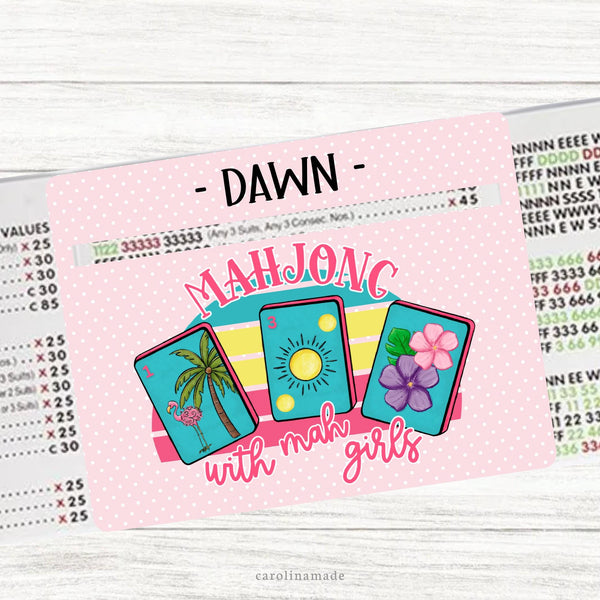 This acrylic mahjong line reader features a pink background with white dots and colorful mahj tiles and text that says mahjong with mah girls. The top is personalization with your name. Matching zipper pouch available also.