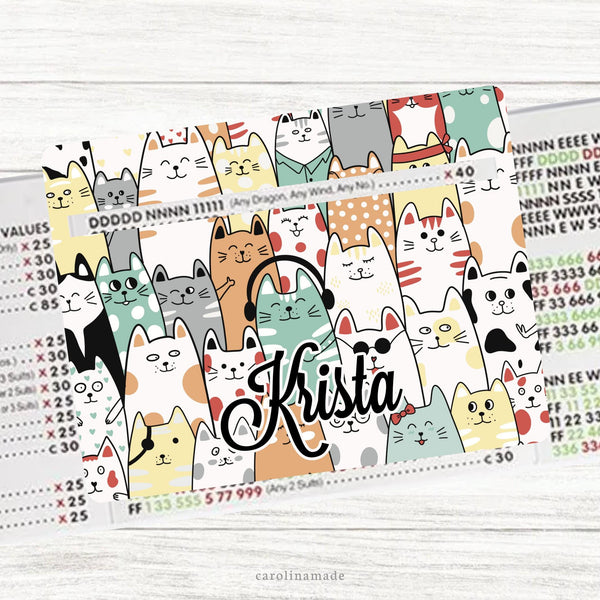 This acrylic mahjong line reader features a cat stack background with your personalized name in the center. Check out our mahjong zipper pouches to carry your line finder