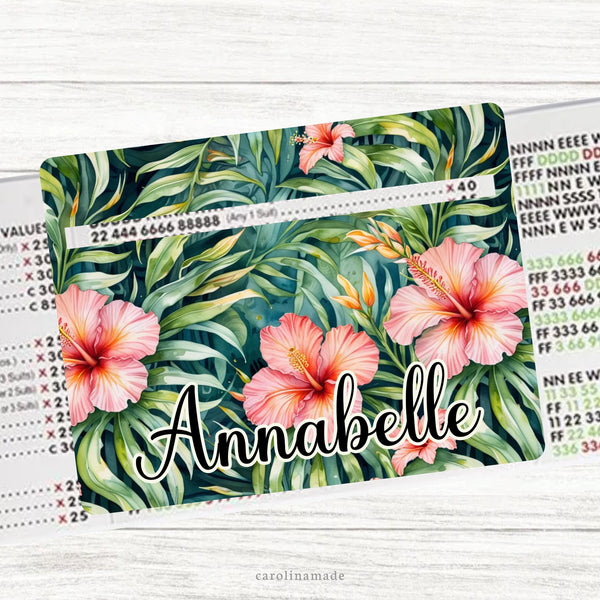 This acrylic mahjong line reader features a palm leaf and flower background with your personalized name. Check out our mahjong zipper pouches to carry your line finder