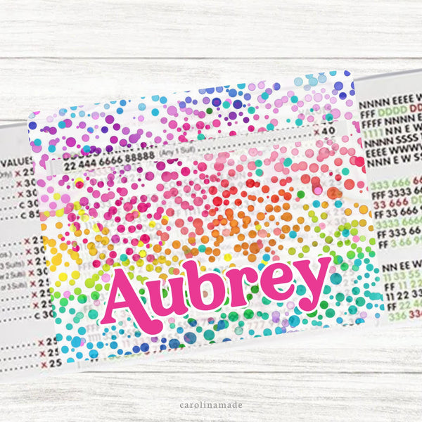 This acrylic mahjong line reader features a rainbow dot background with your personalized name. Check out our mahjong zipper pouches to carry your line finder