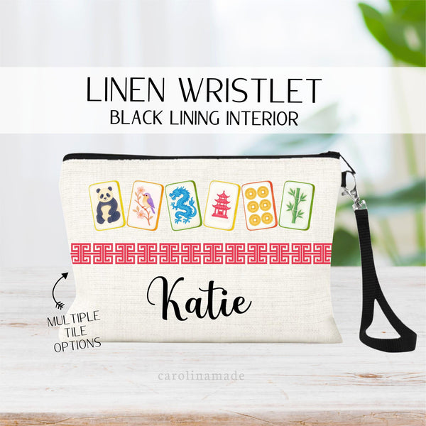Mahjong linen zipper pouch with various tiles and a chinese border. Personalized with your name. Multiple mahj tile options, colors and fonts.
