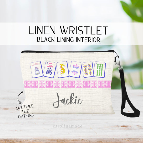 Mahjong linen zipper pouch with various tiles and a chinese border. Personalized with your name. Multiple mahj tile and color options.