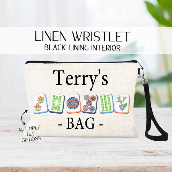 Personalized linen zipper pouch perfect for mahjong game night! This bag features your name and beautiful vibrant mah jongg tiles. Now offering multiple girly and mens mahjong set