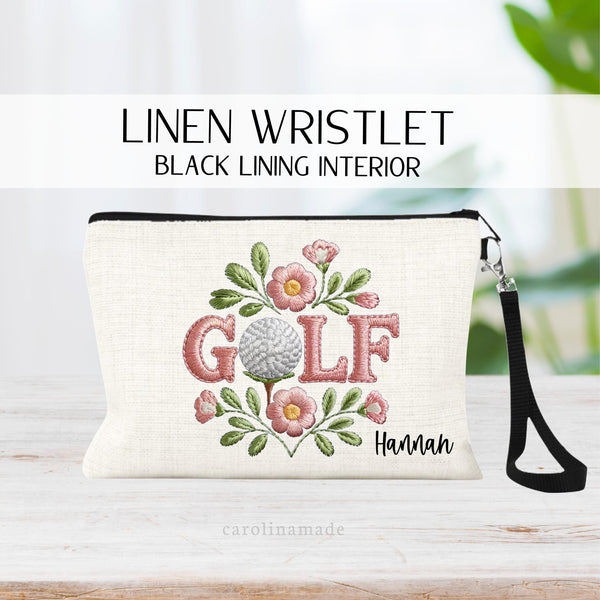 This linen zipper pouch features a faux embroidery design with flowers and the word golf in the center with a ball as the O.  Your name is personalized in the bottom corner.
