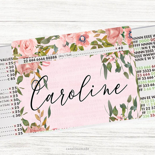 This acrylic mahjong line reader features a pink background with and floral frame and your personalized name. Check out our mahjong zipper pouches to carry your line finder